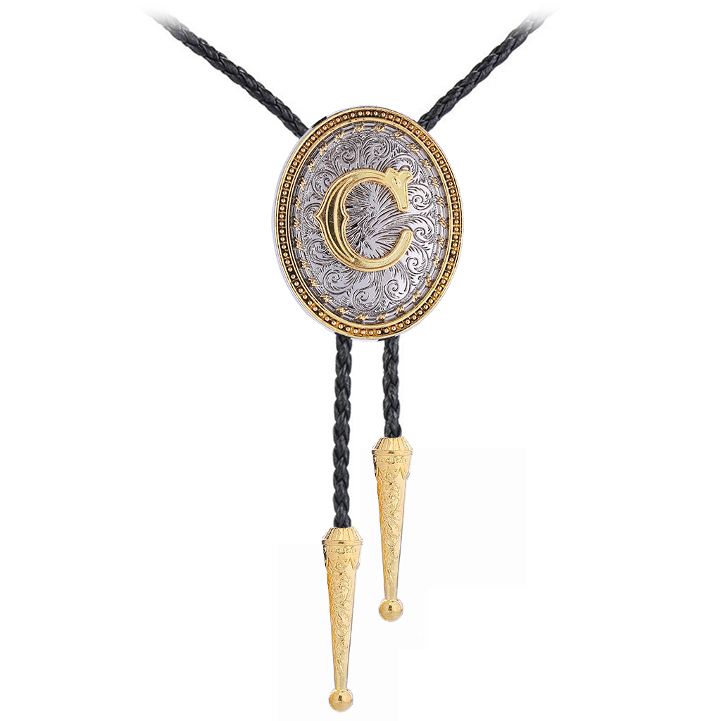 GelConnie Bolo Tie for Men Western Cowboy Golden Alphabet Initial Letter ABCDMJR to Z Costume Bolo Ties Leather Neckties