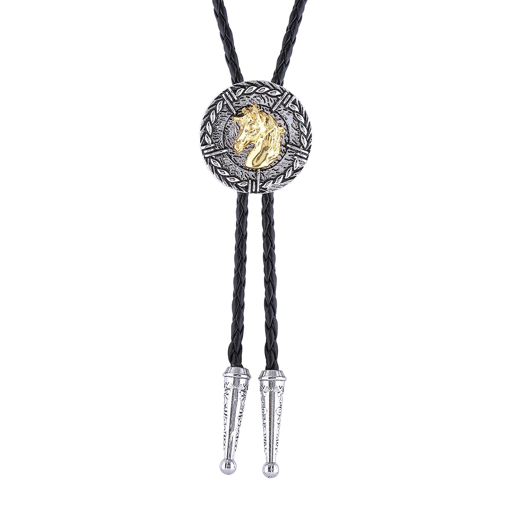 GelConnie Vintage Bolo Tie for Men Native American Golden Horse Bolo Ties Western Cowboy Bolo Tie for Women Leather Necktie