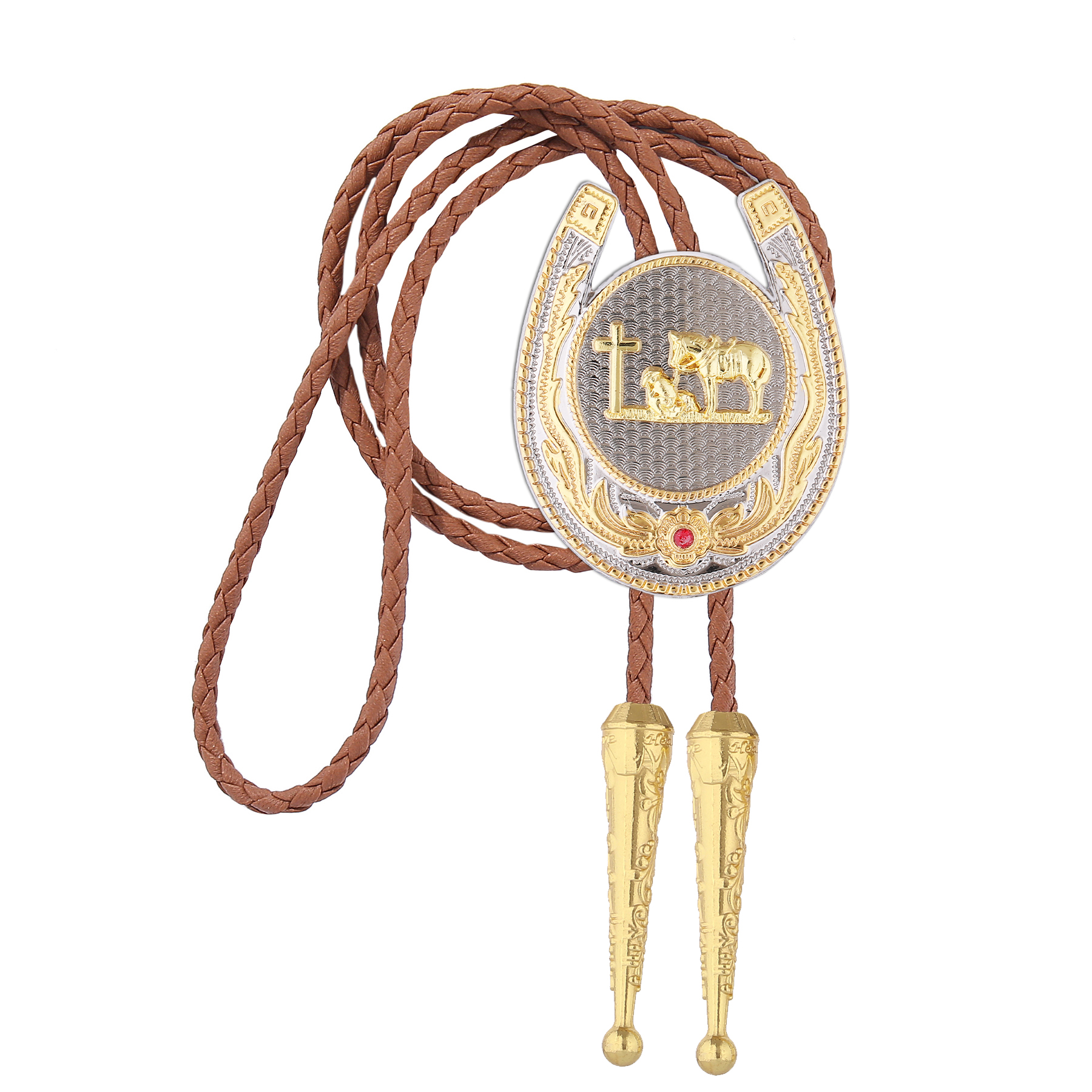 Gelconnie Western Vintage Bolo Tie for Men Native American Bolo Tie with Cross Brown Leather Bolo Ties Gold Cow Design