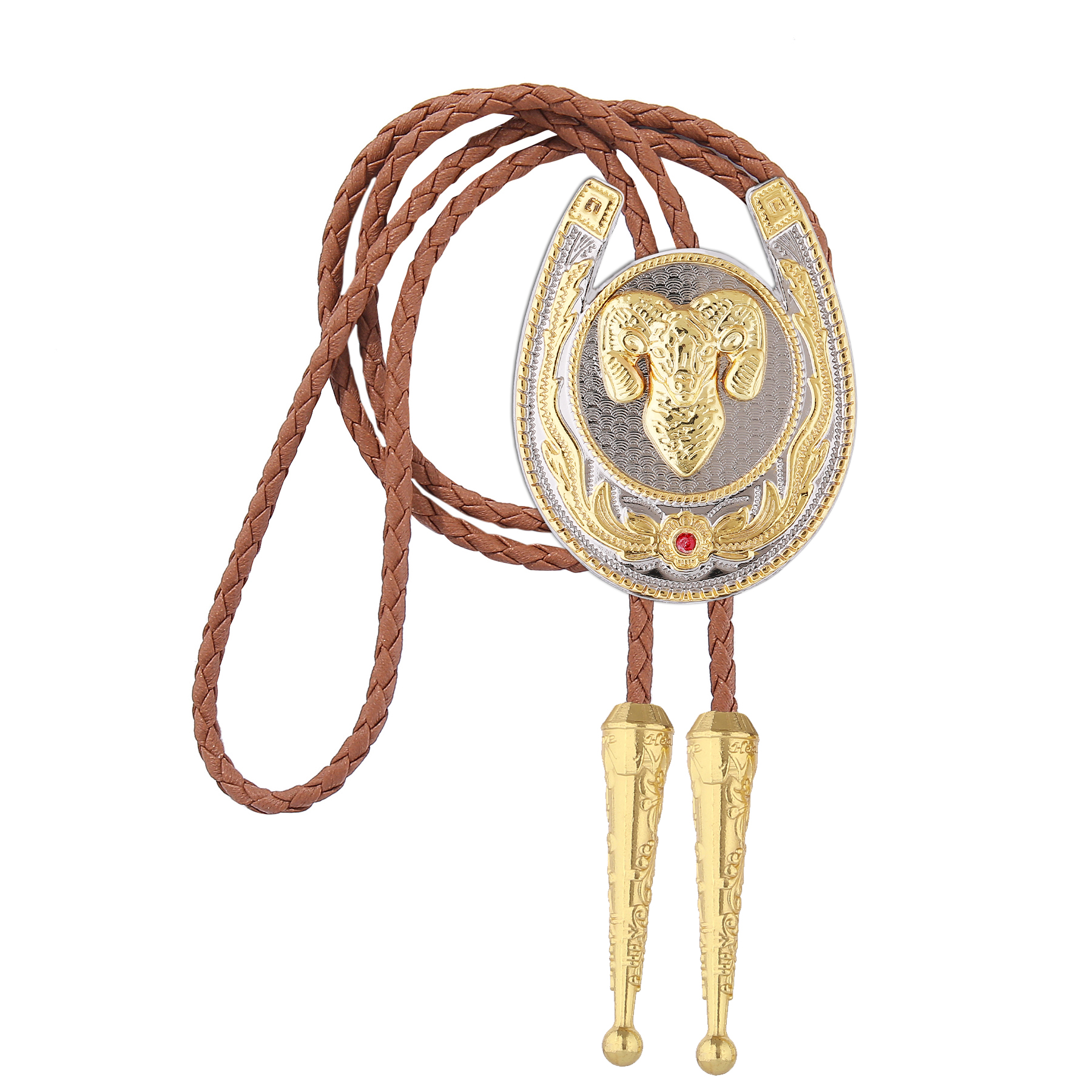 Gelconnie Native American Bolo Tie for Men Gold Horseshoe Shaped Pendant Bolo Ties Leather Necktie Halloween Tie Accessories