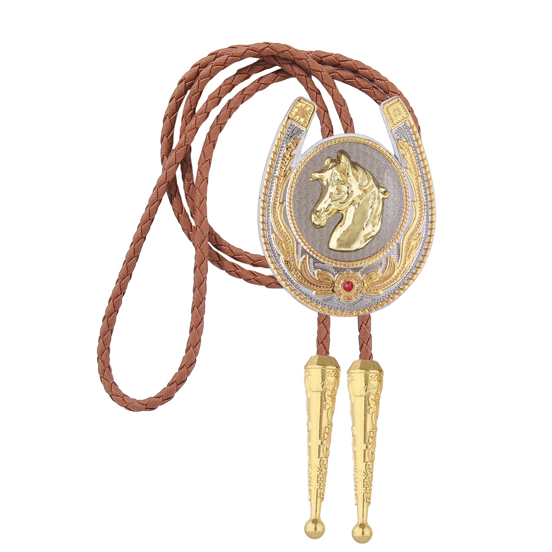 Gelconnie Bolo Tie for Men Western Cowboy American Golden Horse Bolo Ties Brown Leather Western Costume Accessories