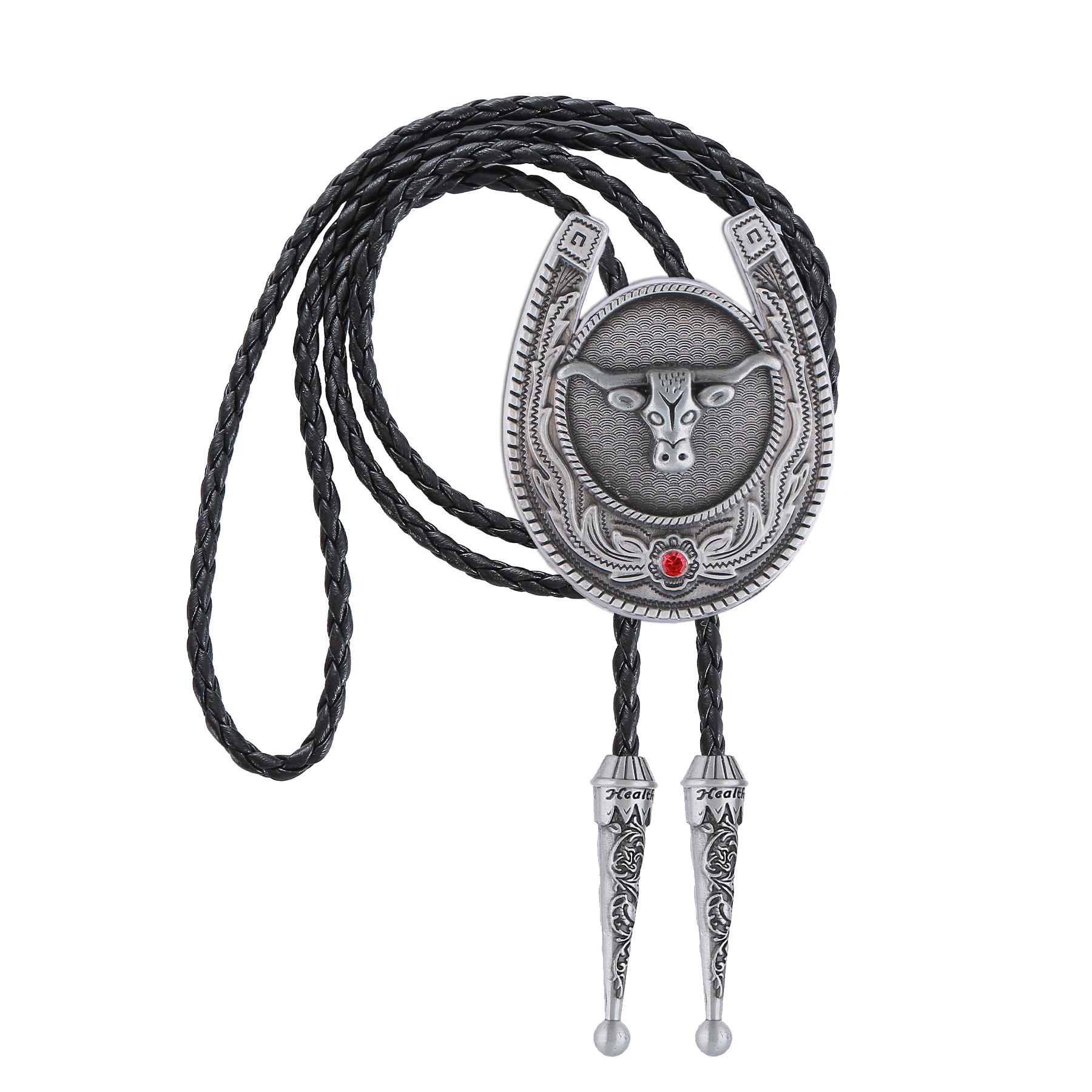 Gelconnie Native American Bolo Ties Men Silver Western Tie for Men Cowboy Wedding Longhorn Bolo Tie Leather Necktie Accessories