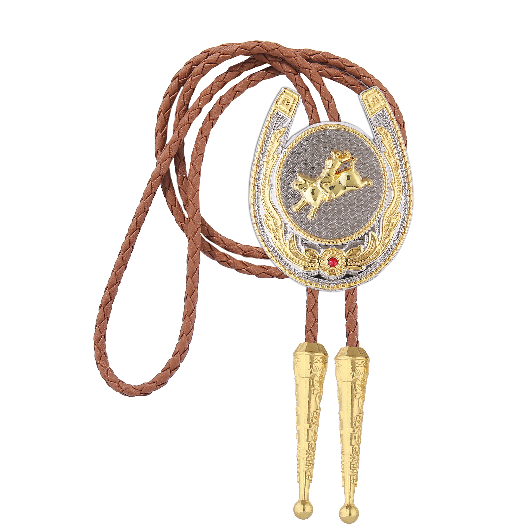Gelconnie String Ties for Men Horseshoe Shaped Pendant Bolo Ties Rodeo Cowboy Leather Necktie Bull Rider Figure Vintage Style