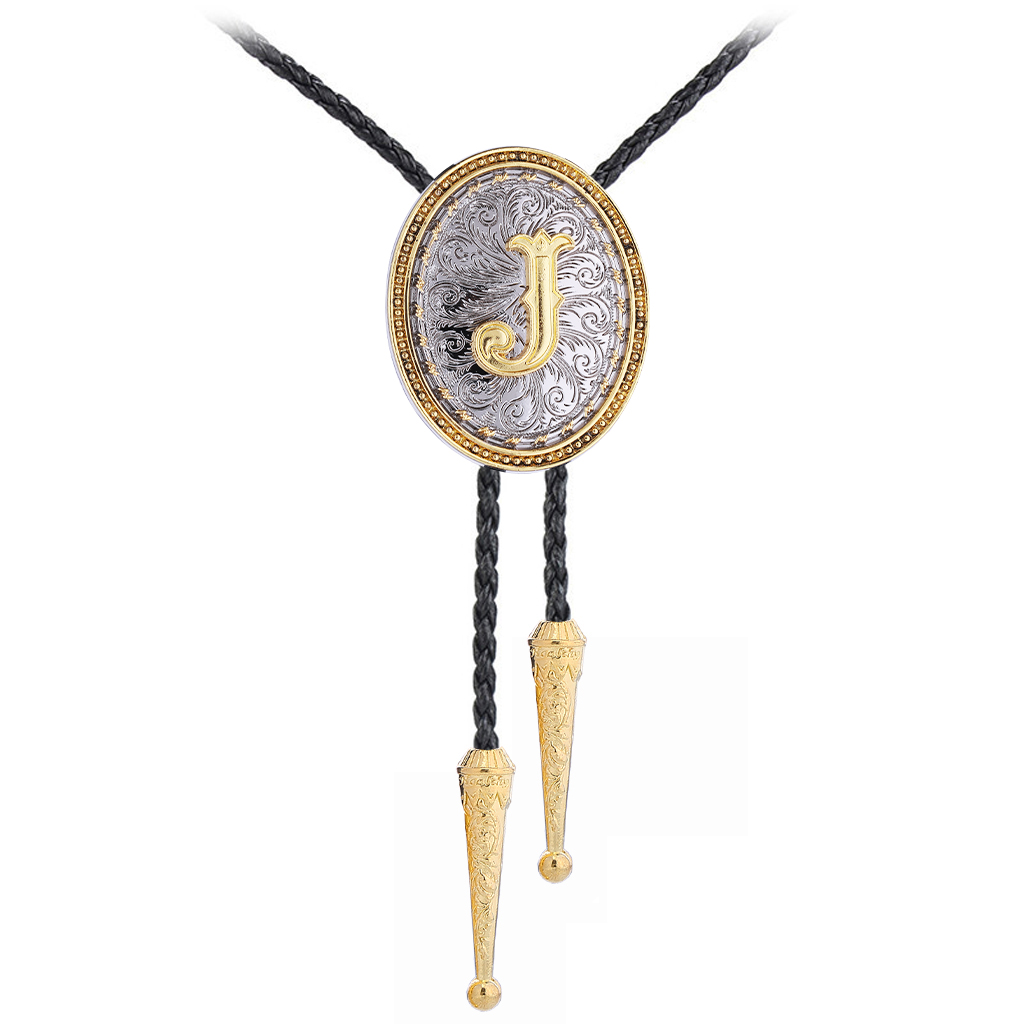 GelConnie Gold Bolo Tie Cowboy Necklace for Men Leather Rodeo Necktie Initial Letter ABCDMJR to Z Western Bolo Tie Texas Style Jewelry