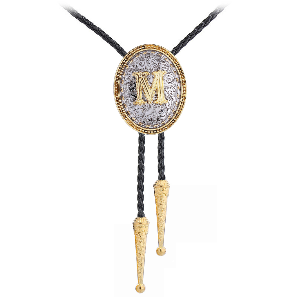 GelConnie Bolo Tie Golden Initial Letter A to Z In Western Cowboy Tie Native American Leather Necktie Accessories Bolo Ties for Men Women