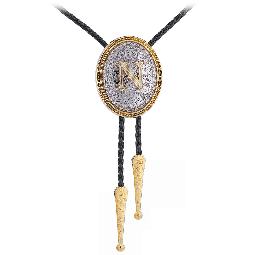 GelConnie Leather Bolo Tie for Men Women Western Cowboy Bolo Ties Vintage Initial A to Z Cowboy Gold Bolo Tie Carveing Flower Accessories