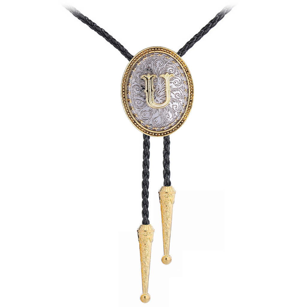 GelConnie Native American Western Cowboy Alphabet Golden Initial Letter A to Z Leather Necktie Bola Tie for Men Women