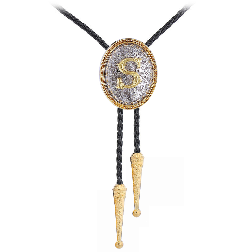 GelConnie Native American Western Cowboy Gold-plated Alphabet Initial Letter Leather Bola Tie Necktie for Men Women