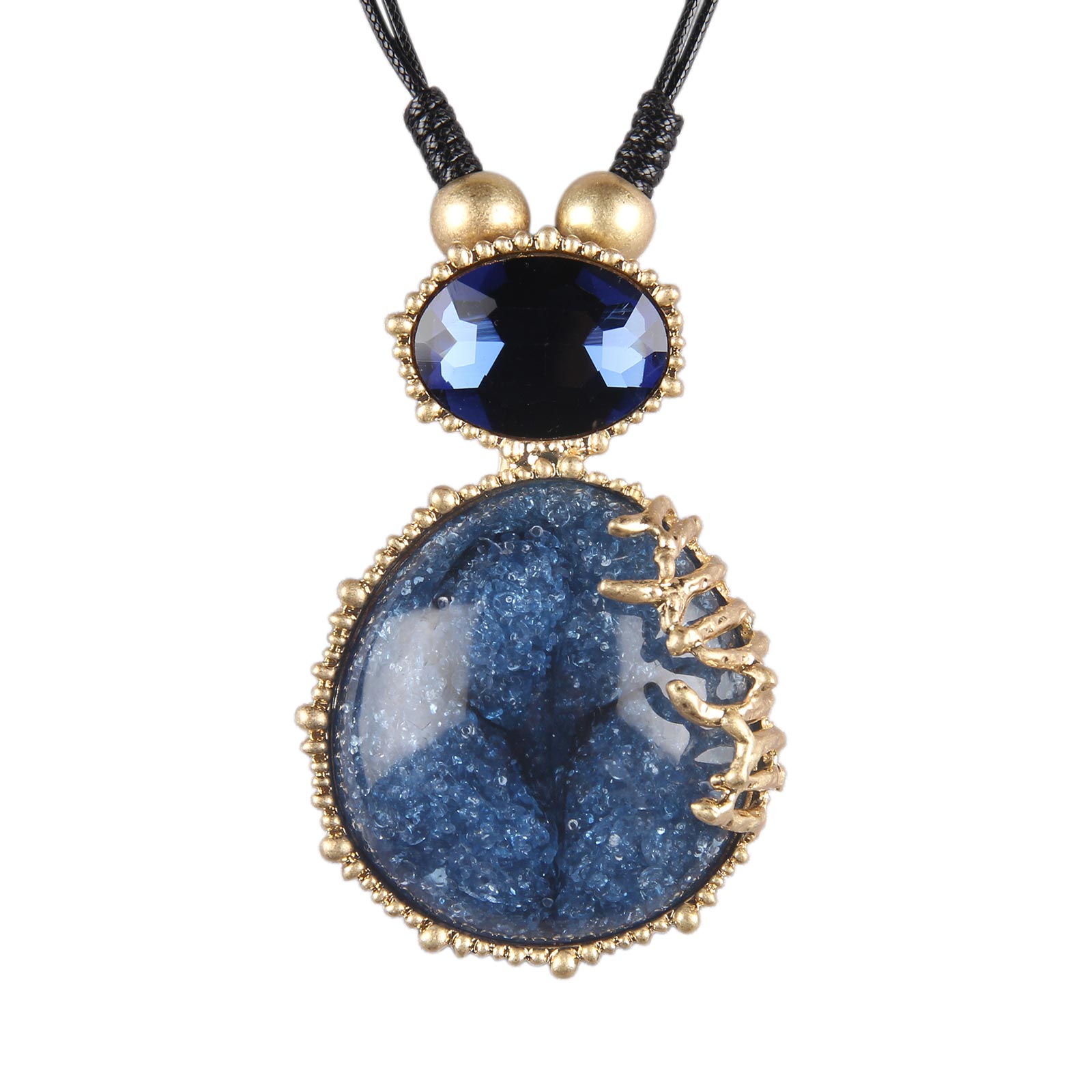 Gelconnie Chunky Necklaces for Women Boho Black Cord Earthy Necklace with Pendant Deep Blue Womens Long Leather Necklaces