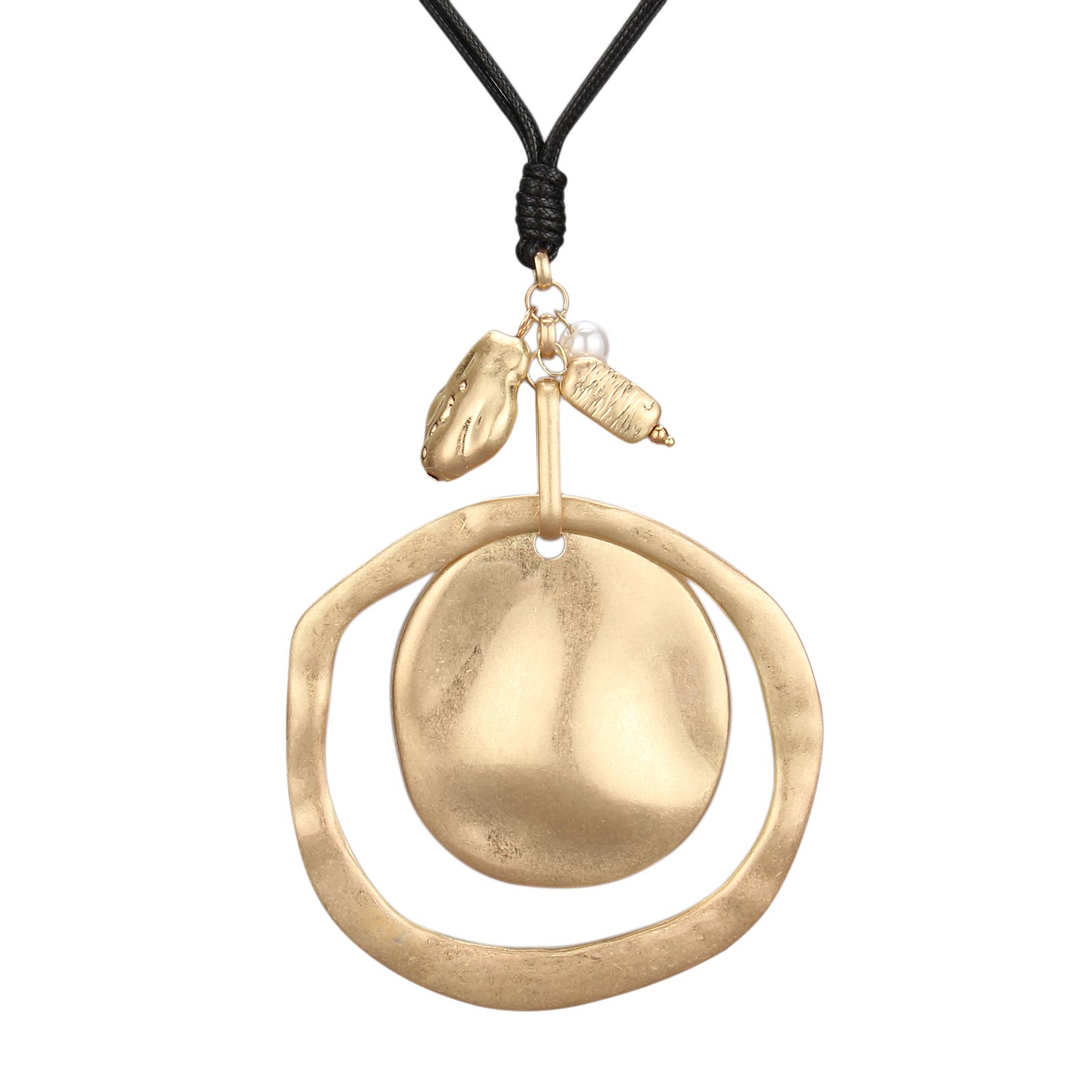 Gelconnie Vintage Minimalist Gold Circle Pendant Leather Necklace, Black cord necklace with pendant, boho pendant Long Sweater Necklace