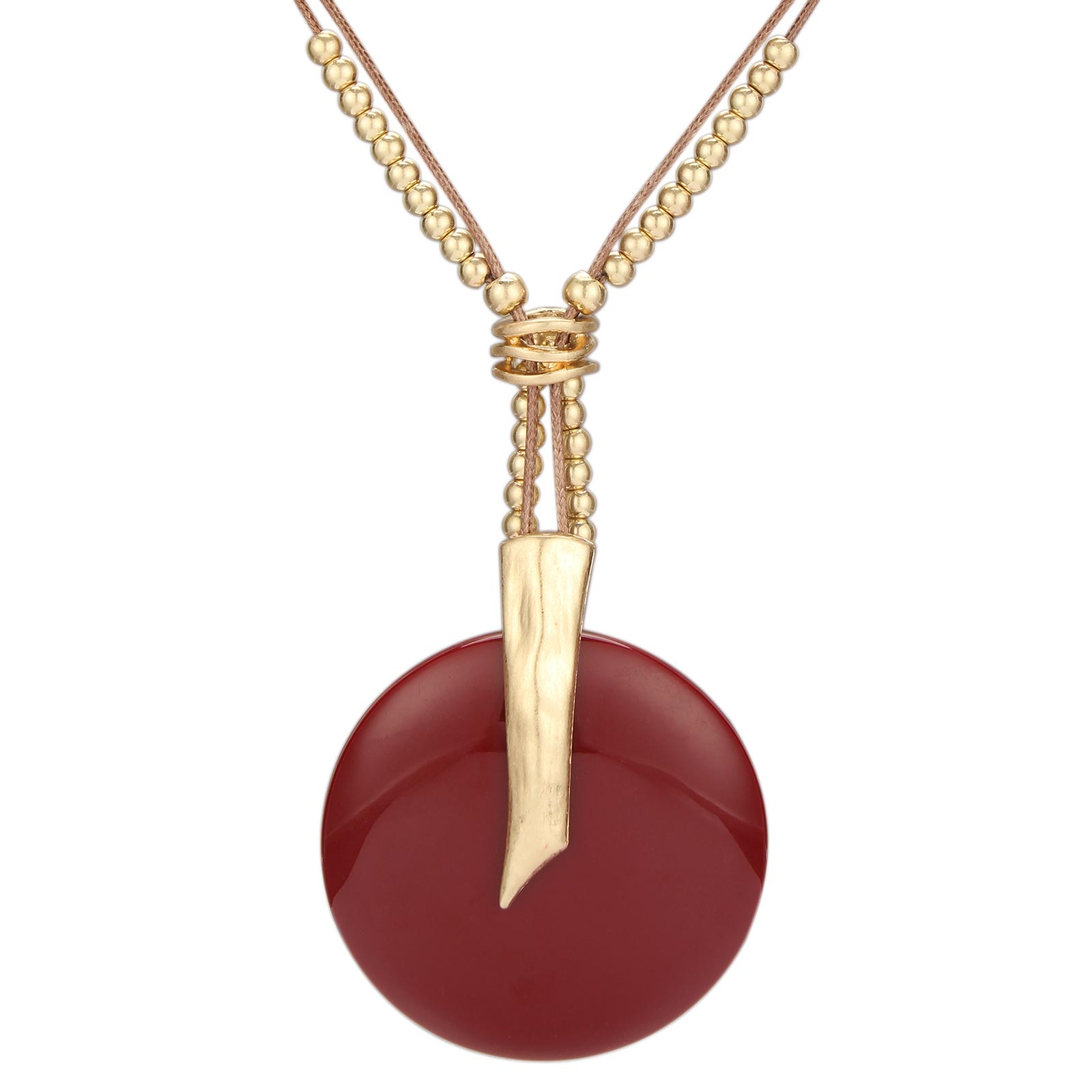 Gelconnie Red Leather Lariat Necklace, Round Pendant Leather Statement Necklace Women, Brown Leather Boho Necklace Small Gold Beads