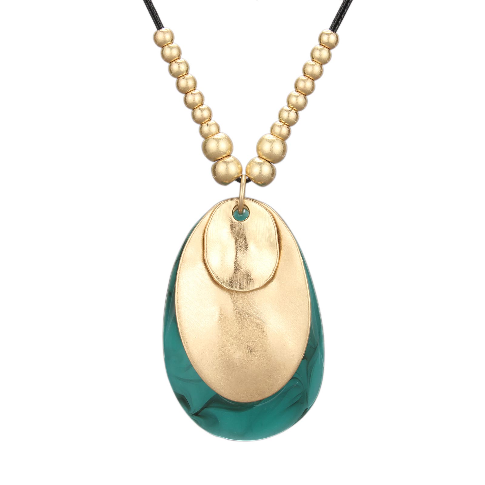 Gelconnie Green Gemstone Circle Necklace with Metallic Accents, Multilayer Pendant Boho Necklaces Women Long Leather Handmade