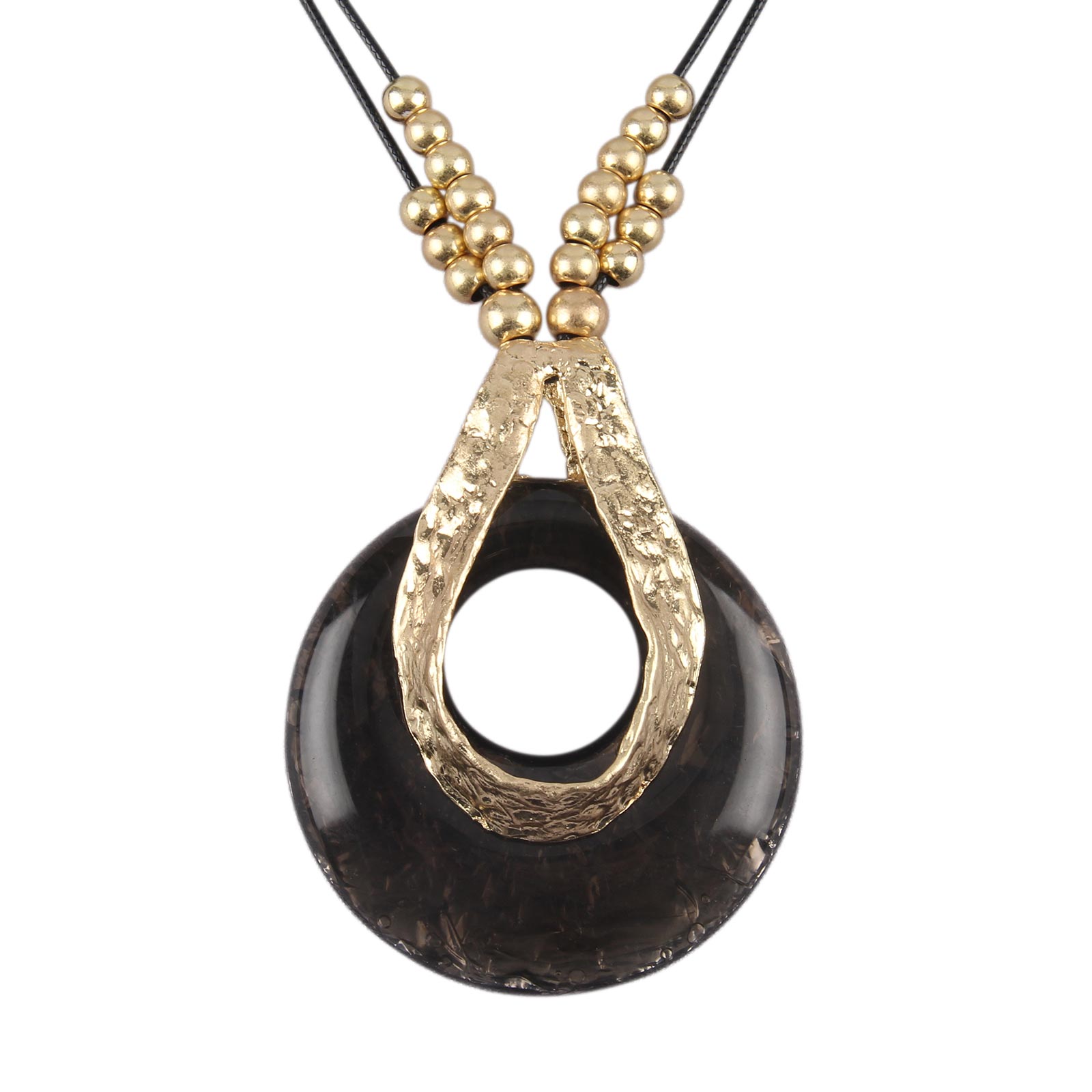 Gelconnie Vintage Boho Necklaces Women Black String Gold Necklace Long Leather Beaded Chunky Pendant Necklace Large Statement Accessories