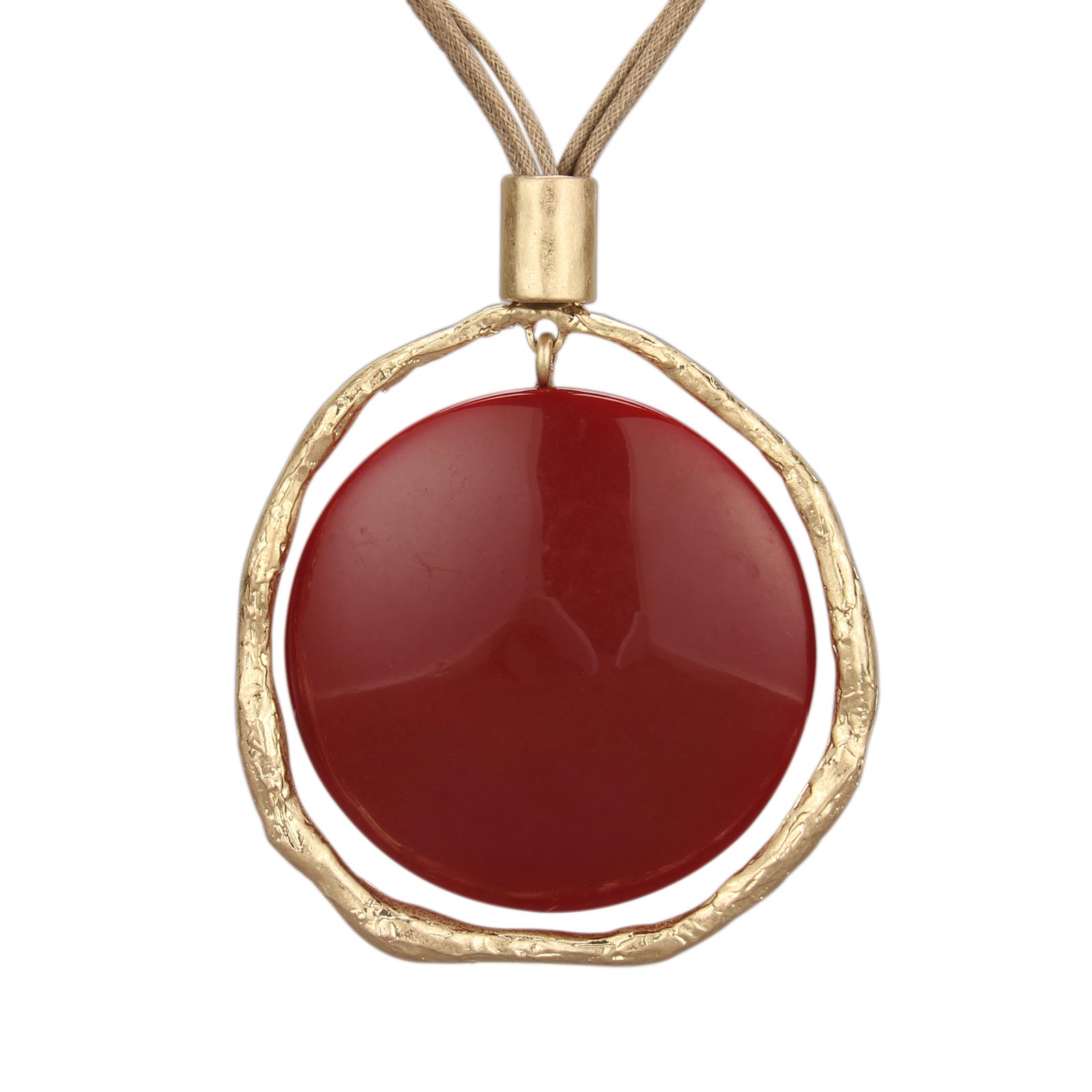 Gelconnie Cord Necklace with Pendant, Red Leather Lariat Necklace, Vintage Red Gem Round Pendant Leather Necklace